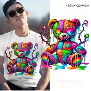 Levendige neonteddybeer, png voor sublimatie, gescheurde beer png voor kleurrijk sublimatieontwerp. Png voor shirt, sublimatie stadsontwerp, dtf