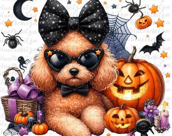 Trendiges, gruseliges Kürbis- und Hunde-Sublimationsdesign mit Schleife, Halloween-PNG, niedliches Hunde-Sublimationsdesign, Retro-Coquette-Herbst-PNG