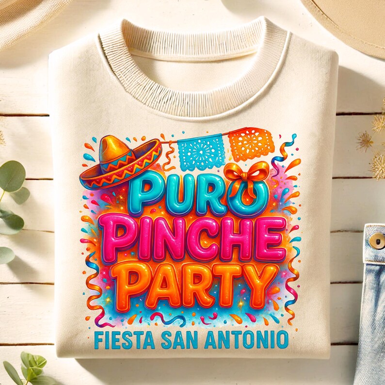 May include: A white sweatshirt with a colorful graphic design featuring the text "Puro Pinche Party" and "Fiesta San Antonio". The design includes a sombrero, confetti, and festive flags.