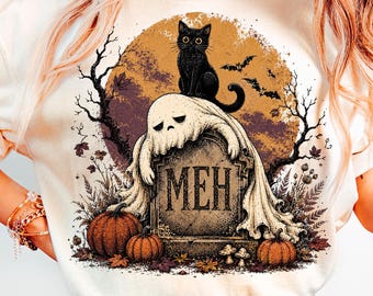 Lazy Ghost on Gravestone PNG, Retro Halloween Moon Design, Bats Pumpkins Sublimation File, Spooky Season Shirt PNG, Instant Download