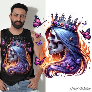 Gothic Queen Skull PNG für Sublimation, Clipart, Royal Skull Design, Regal, Blue Purple Har, Schmetterling Design, Dark Fantasy, Magie inspiriert