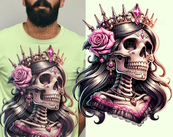 May include: A digital illustration of a sugar skull wearing a gold crown with pink jewels and a pink rose. The skull is wearing a black lace dress with pink accents. The background is a light green color.