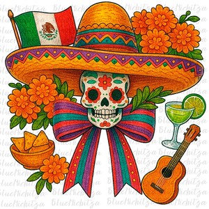 May include: A colorful illustration of a Day of the Dead sugar skull wearing a sombrero, a bow tie, and surrounded by marigolds, a guitar, a margarita, and a bowl of tortilla chips.