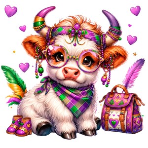 Vaca bebê Highland mardi gras png, Howdy Mardi Gras Coquette Png, Dia de terça-feira gorda, Retro Mardi Gras Png, vaca mardi Png, Sublimação ocidental