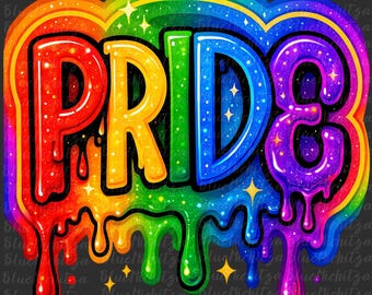 May include: A rainbow-colored "PRIDE" graphic with a glittery, dripping effect. The letters are outlined in black and have a 3D effect.
