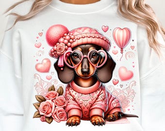 Valentijnsteckel, worsthondje png, Valentijnsdag hondenmoeder png, liefdesthema worsthond png, roze liefdespuppy clipart voor knutselaars