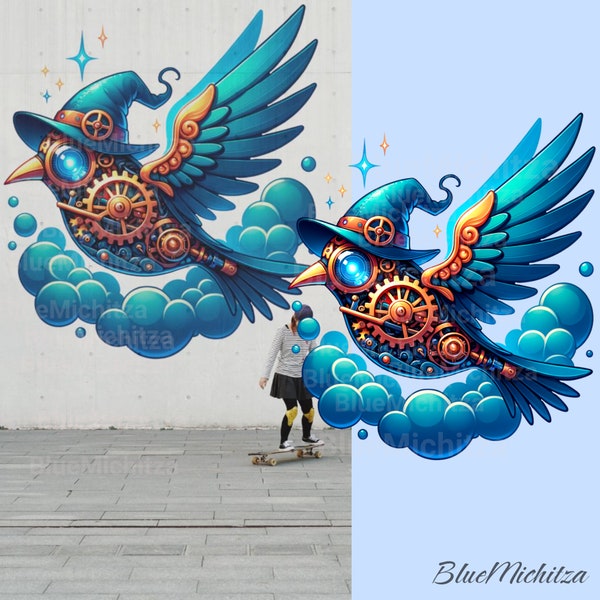 Steampunk Blue Mechanical Bird PNG for Sublimation, for T-Shirts, Mugs, Cybernetic Exotic Bird, Enchanted, for transfer, Fantasy, Industrial