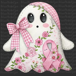以下が含まれることがあります： ピンクのギンガムチェックの帽子とリボンをつけた、気まぐれな白いゴーストのイラスト。ゴーストはピンクの花とピンクのリボンで飾られており、乳がんの啓発を象徴しています。デザインはキュートでフレンドリーな雰囲気です。