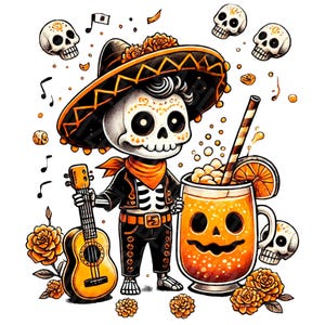 Caneca de Halloween PNG, Arte de esqueleto mexicana fofa: Decoração do Dia dos Mortos, Dia de los Muertos PNG, Clipart de Halloween, Design de sublimação, DTF, dtg