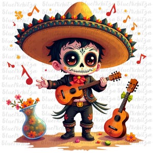 Pode incluir: Uma ilustração de desenho animado de um esqueleto do Dia dos Mortos usando um sombrero e tocando violão. O esqueleto está usando um traje tradicional mexicano com uma gravata borboleta vermelha. Há um vaso de flores laranja e um segundo violão no fundo.