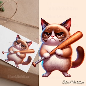 Cartoon Cat with Bat PNG for Sublimation, DTF Prints, Cricut Clipart, High-Quality Image for Shirts, Mugs, no bg, transparent background