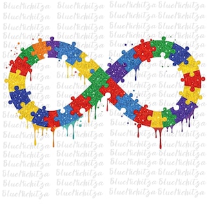 Pode incluir: Um símbolo do infinito composto por peças de quebra-cabeça coloridas com detalhes brilhantes. As peças do quebra-cabeça são vermelhas, amarelas, verdes, azuis e roxas. Efeito de tinta escorrendo em cores correspondentes. Em um fundo branco.