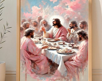 Última Cena con tonos rosados / Pintura religiosa cristiana / Jesús compartiendo el pan / Jesús celestial con apóstoles