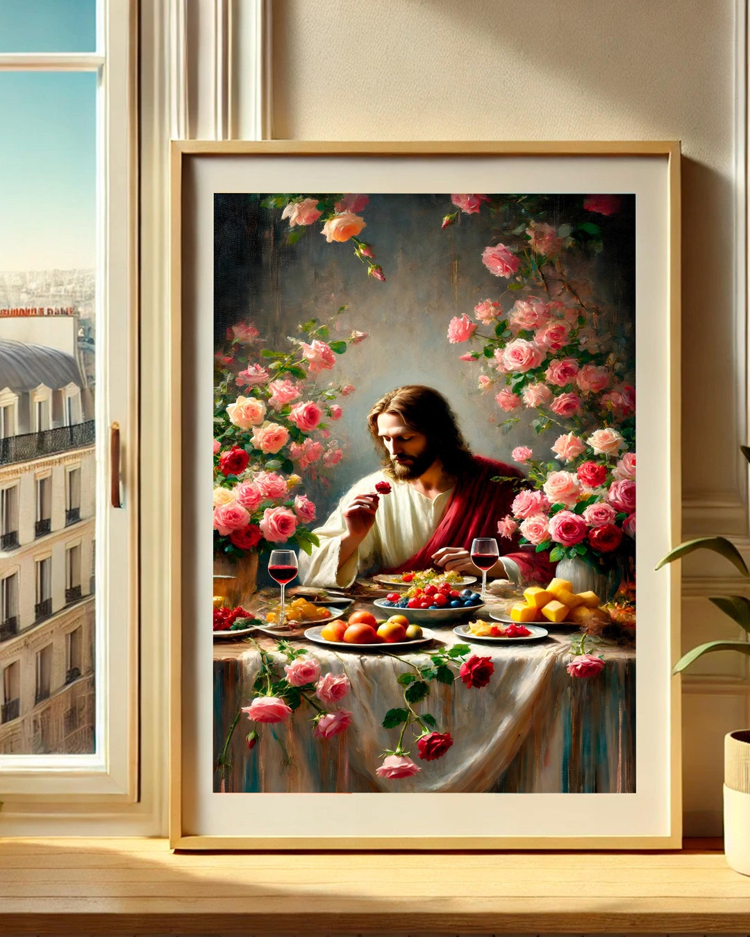 Jesus With Roses Jesus Eating Oil Painting, Jesus Christ Rose Garden Feast, Painting of ...