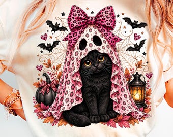 Coquette Leopard Halloween Black Cat PNG, Pink Leopard Ghost Costume Sublimation, Girly Spooky Season Design, Bow Cat Halloween DTF