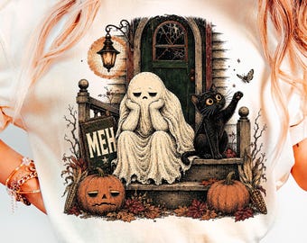 Cat Ghost PNG, Vintage Halloween Sublimation Design, Lazy Black Cat Shirt PNG, Funny Spooky Season DTF Transfer, Digital Download