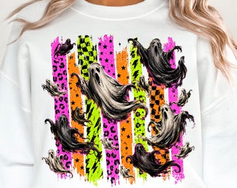 Neon Brushstroke Ghost PNG, Grunge Halloween Sublimation Design, Checkered Leopard Lightning Bolt Spooky Shirt, Distressed DTF Transfer png