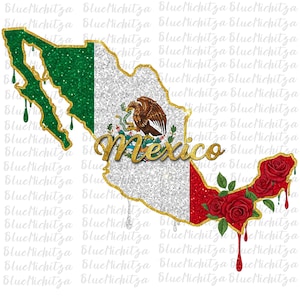 Op de afbeelding: Een kaart van Mexico met glitterende groene en zilveren secties en een rode sectie met rozen. Het woord "Mexico" staat in gouden letters. De Mexicaanse vlag is vertegenwoordigd in het ontwerp.