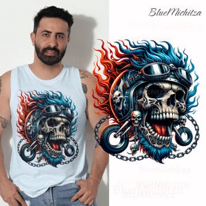 Horror Skull PNG Blue Flames, savage Motorcycle Helmet, Clipart for transfer, sublimation, tattoo, Biker and Gothic Image, Transparent bg