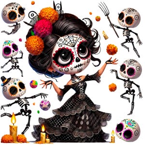Catrina Doll PNG, poupée mexicaine png, dia de los muertos png, clipart le jour des morts, squelettes dansants, jolie poupée effrayante png, bébé cattrina