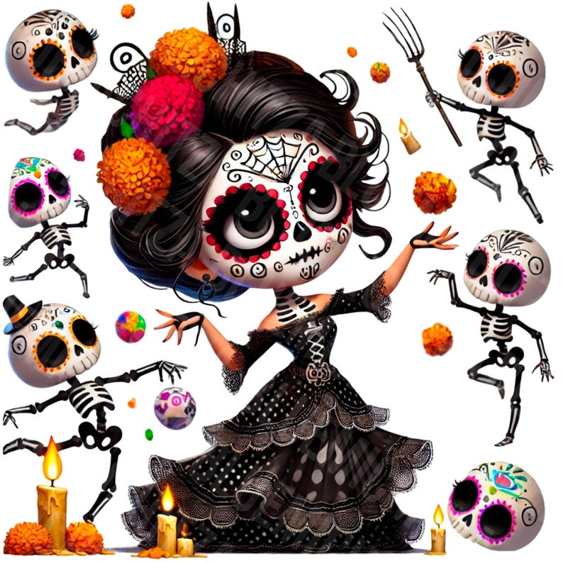 Gothic Doll PNG, mexican doll png, dia de los muertos png, day of the dead clipart, dancing skeletons, cute creepy doll png, baby gothic dol image 1