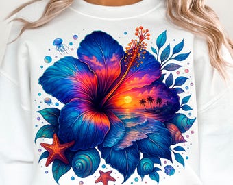 Summer shirt Beach Png Bundle Set of 2 png tropical Palm Trees Png Hibiscus Flowers Png Beach Sunset Png Sublimation Design T-Shirt Design