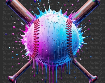 Op de afbeelding: Een honkbal met blauwe en roze verf die langs de zijkanten druipt, gekruist met twee houten honkbalknuppels. De honkbal is omgeven door een spattende blauwe en roze verf.