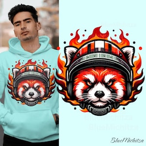 Panda rojo bombero PNG para sublimación, impresión DTG, diseño de animales de dibujos animados de alta resolución para mercadería, estilo de bicicleta, estilo de motocicleta