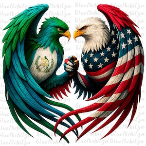 May include: A digital illustration featuring two eagles facing each other, their wings forming a heart shape. One eagle's wings display the Guatemalan flag colors, while the other showcases the American flag. The eagles' hands are clasped in a handshake.