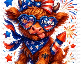 July 4th Highland Cow PNG America Funny Cute Baby Cow Fourth Of July Sublimation Design, Trendy America USA Popular PNG Independence day png