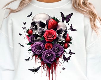 Gothic Skull and Roses Clipart,Watercolor PNG,Digital Download, Floral Skull Art, DIY Invitation,Tattoo Design, Scrapbooking, Commercial Use