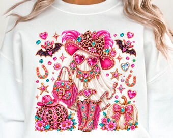 Rhinestone Cowgirl Ghost PNG, Pink Western Halloween Sublimation, Faux Bling Leopard Pumpkin Boots Design, Howdy Ghost Shirt