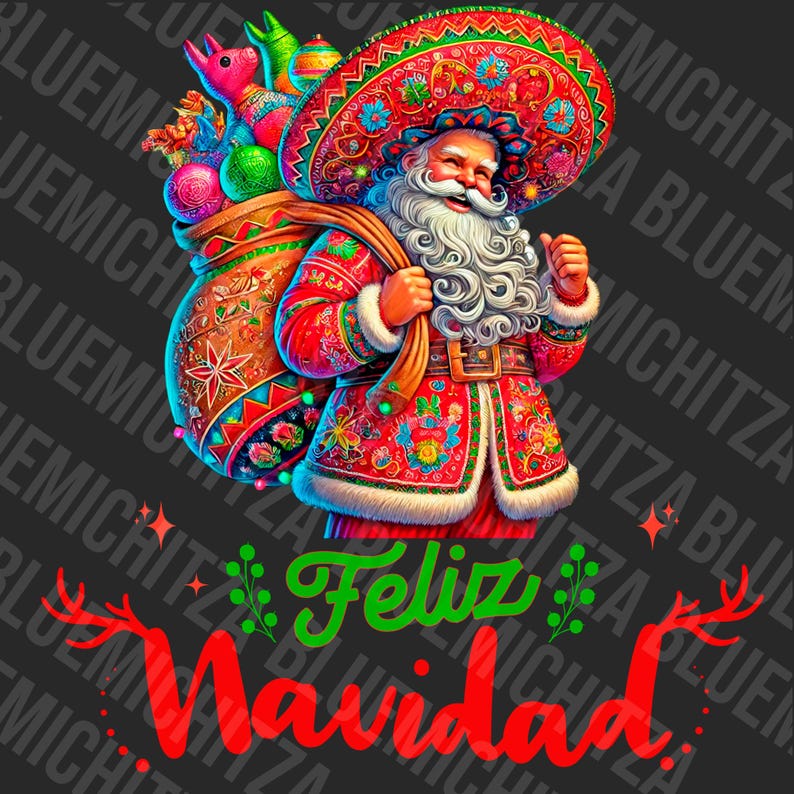 May include: A vibrant illustration of Santa Claus in a sombrero and a red embroidered suit, carrying a sack of gifts. The image includes the text "Feliz Navidad" in red and green, ideal for festive decorations.