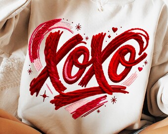 PNG de gancho de pestillo para San Valentín, Corazón rojo de punto XOXO, PNG de hilo para San Valentín, Diseño de camiseta de ganchillo para San Valentín