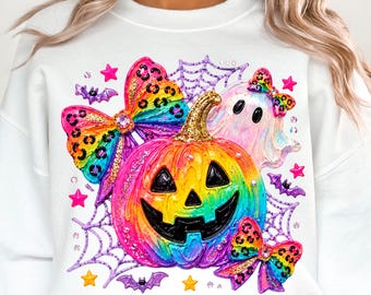Rainbow Leopard Pumpkin PNG, 90s Nostalgia Halloween Sublimation, Coquette Bow Ghost, Glitter Rhinestone Pumpkin Shirt Design