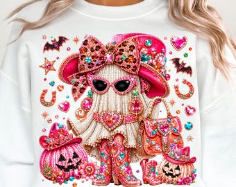 Cowgirl Ghost Rhinestone PNG, Pink Western Halloween Faux Bling Sublimation, Coquette Leopard Bow Ghost Shirt Design, Glitter DTF Download
