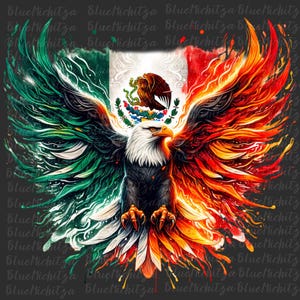 May include: A bald eagle with its wings spread wide, painted in the colors of the Mexican flag. The eagle's wings are green, white, and red, with flames coming from the red wing. The eagle's head is black and white, and it has a fierce expression.