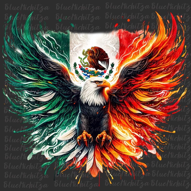 May include: A bald eagle with its wings spread wide, painted in the colors of the Mexican flag. The eagle's wings are green, white, and red, with flames coming from the red wing. The eagle's head is black and white, and it has a fierce expression.