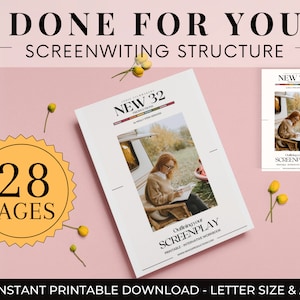 May include: A printable guide for outlining a screenplay, featuring a woman writing in a notebook. The guide is 28 pages long and is available for instant download in letter size and A4.