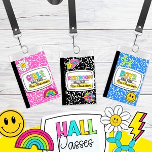 May include: Three colourful laminated hall passes with a retro design. The passes are for "Girls", "Restroom", and "Boys". Each pass has a different graphic and the text "Hall Pass" and "Mrs. Classroom".