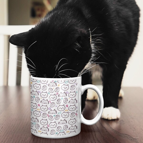 Tazza in ceramica con stampa Cat Doodle, tazza per gli amanti dei gatti, articolo più popolare, tendenza su Etsy, regali di compleanno, regalo di San Valentino, tazza più venduta