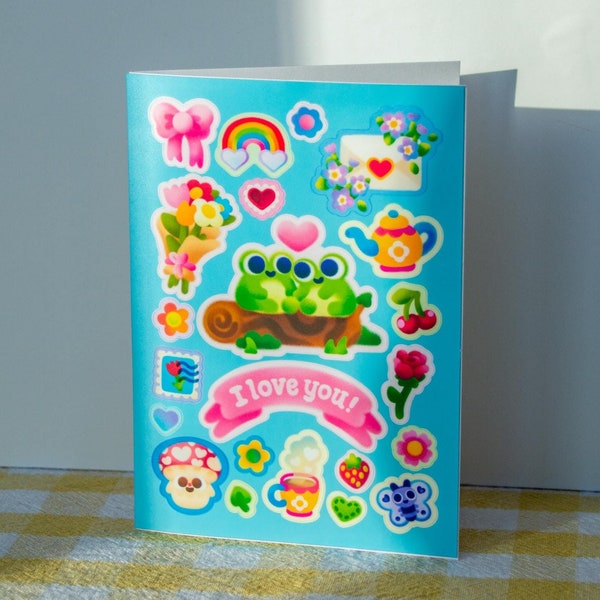 Cottagecore Valentines/Anniversary Stickercard – zestaw kartek i arkuszy naklejek! Kartka „Kocham Cię” z motywem żaby