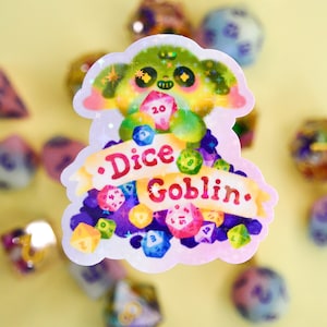Dice Goblin Vinyl Sticker - DnD decal, TTRPG Laptop sticker, Tabletop gift, D20, Cute, Fantasy, Kawaii, Pastel, Dice collector