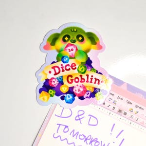 Dice Goblin Fridge Magnet - DnD magnet, TTRPG decoration, Tabletop gift, D20, Cute, Fantasy, Kawaii, Pastel, Dice collector