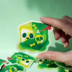May include: A set of green and yellow stickers featuring a cartoon character with a skull and crossbones design. The character is wearing a green hat and has a happy expression. The stickers are perfect for adding a touch of whimsy to your belongings.