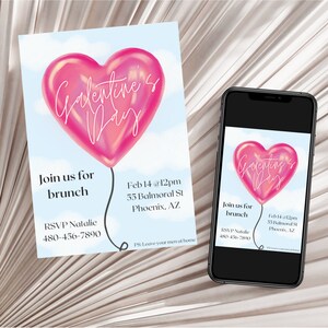 May include: A pink heart-shaped balloon with the text "Galentine's Day" on it. The balloon is floating in a blue sky with white clouds. The text "Join us for brunch" is below the balloon, along with the date, time, address, and RSVP information.