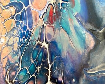 Acrylic Pour Painting Original Abstract Featuring Blues, Pink, and Cream
