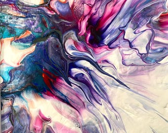 Acrylic Pour Painting Original Abstract Featuring purple, pink, and teal