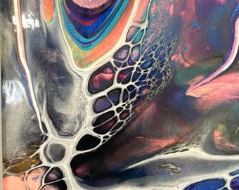 Acrylic Pour Painting Original Abstract Featuring Pink, blue, black, and white #2