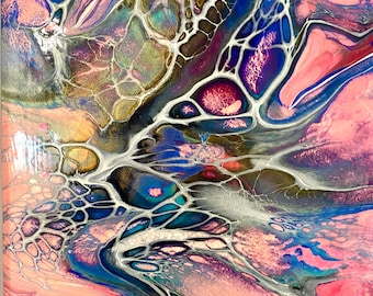 Acrylic Pour Painting Original Abstract Featuring Pink, blue, black, and white #1